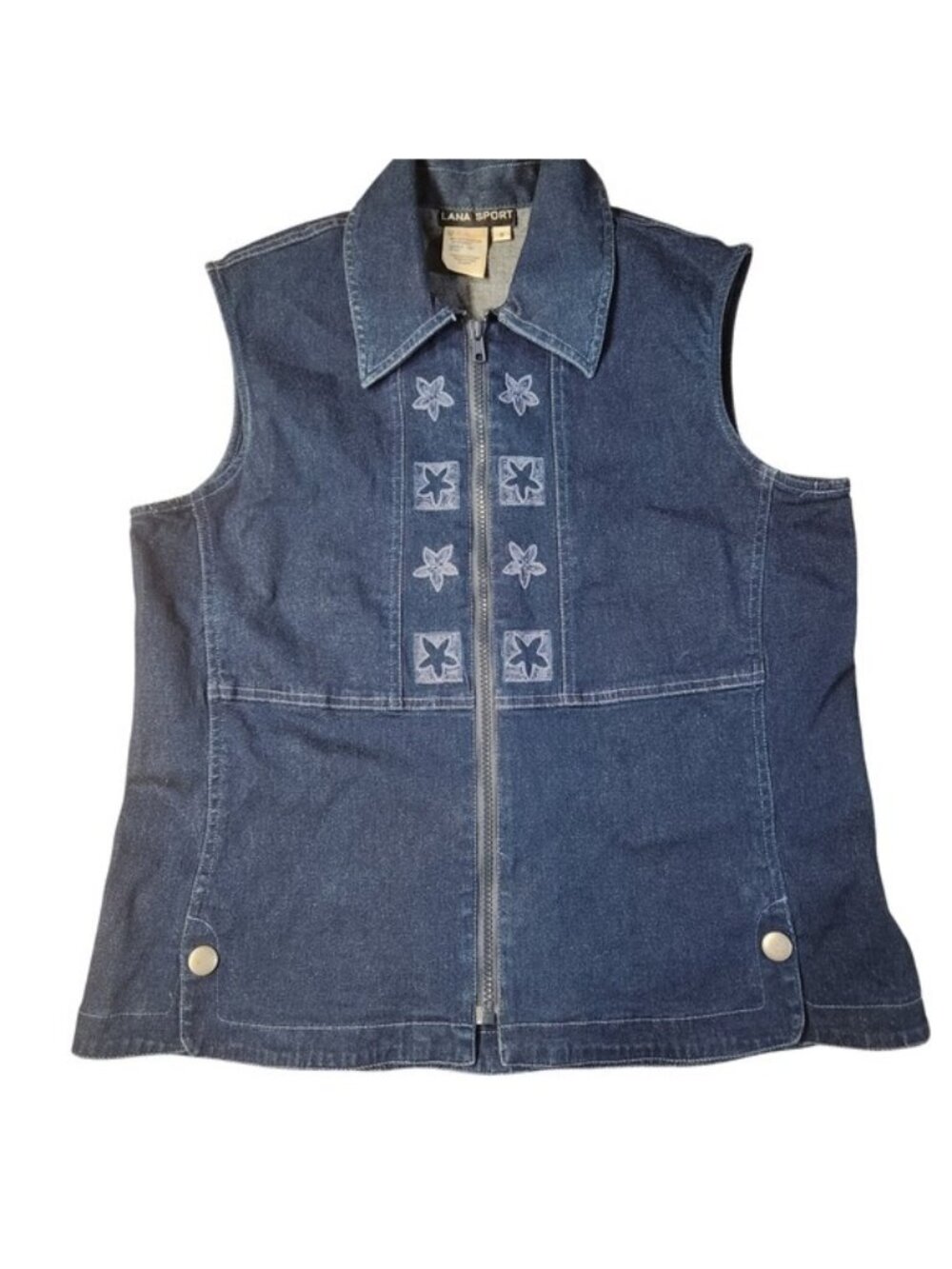 Lana Sport Vintage‎ Blue Denim Vest Embroidered Floral Star Zip Up 8 grannycore